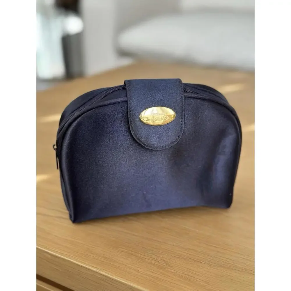 Vintage Christian Dior Parfums Navy Cosmetic Bag Makeup Travel Pouch Zip Case - Picture 1 of 7